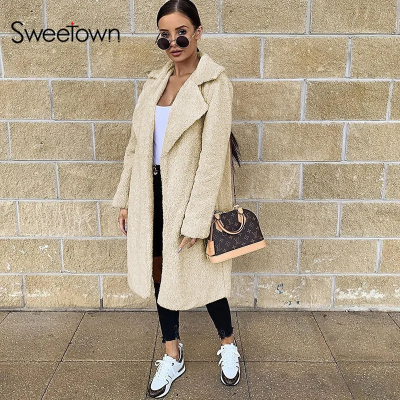 Sweetown/осенне-зимнее пальто для женщин,, повседневное, свободное, однотонное, длинное, плюшевое пальто, женские винтажные, большие размеры, толстые, искусственные меховые куртки