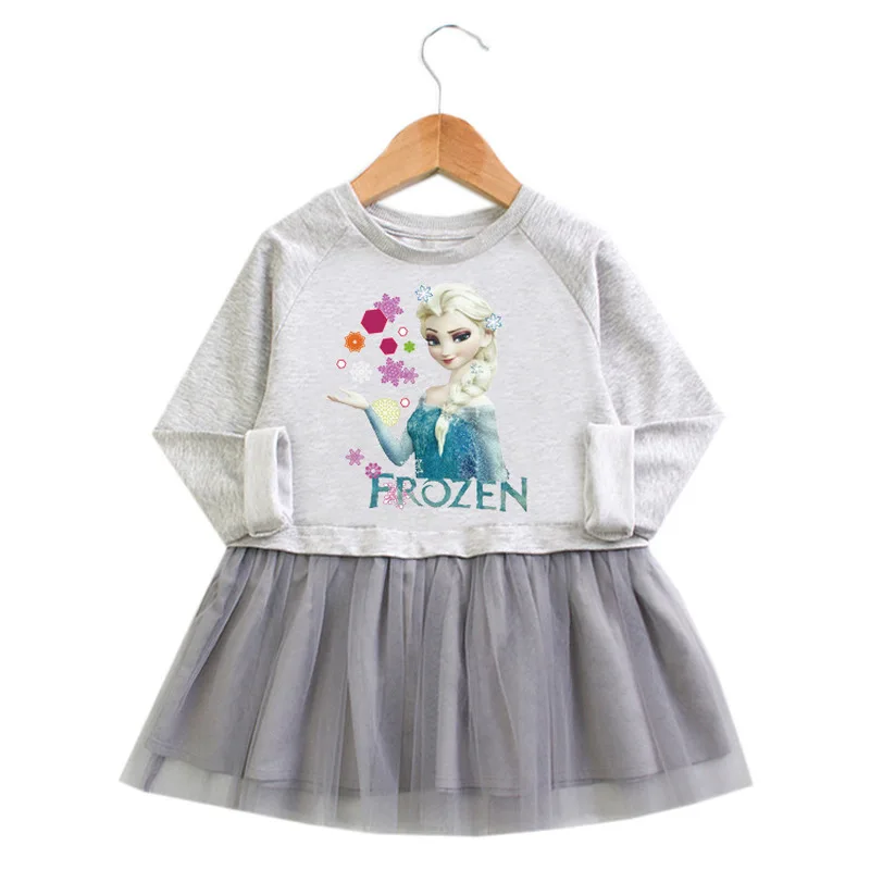 

100% Cotton Frozen Child Girl Baby Dress Spring and Autumn Cartoon Pure Cotton Mesh Princess Pink Gray Dress