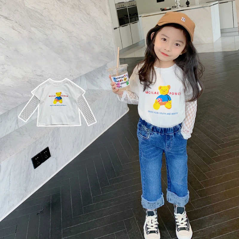 

MILA CHOU 2021 Spring Children Cotton Cartoon Long-sleeve White T-shirt Baby Girls Lace Splicing Top Pullover Kids Clothes 2-8Y