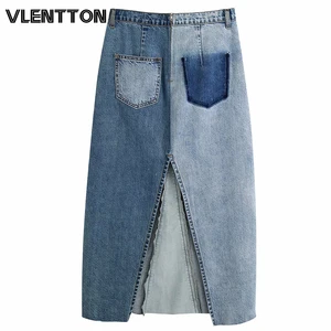 2020 Spring Summer Vintage Patchwork Straight Denim Skirts Womens Sexy Split High Waist Midi Skirts Female Faldas Mujer Moda