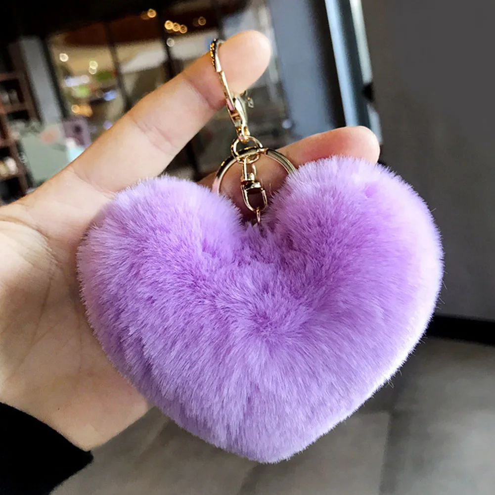 

2021 New Lovely Heart Keychains Women's Pom Pom Rabbit Fur Ball Key Chains Girl Bag Hang Car Key Ring Pendant Key Access