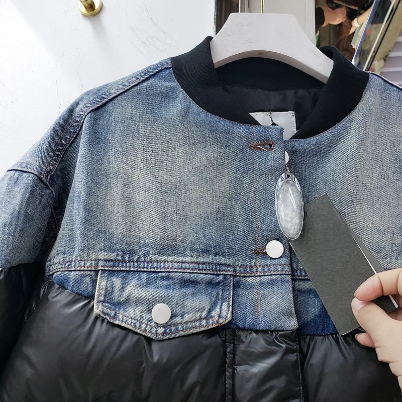 

Winter Women Glossy Cotton Jacket Fashion Patchwork Denim Stand Collar Single-Breasted Zipper Drawstring Pockets Woman Warm Coat