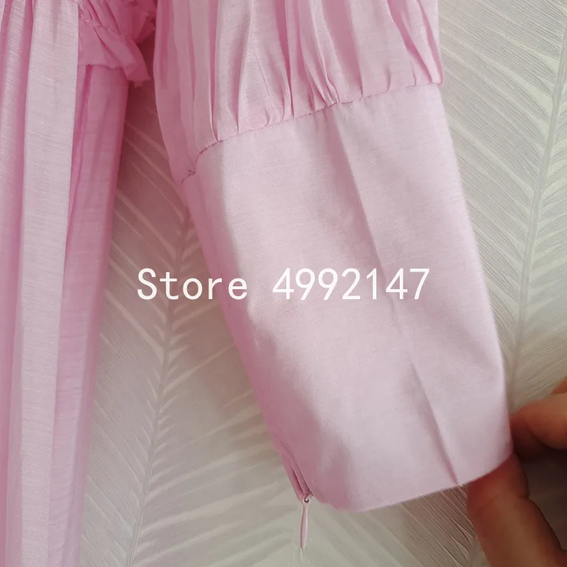 

spring summer women elegant stand collar long lantern sleeve maxi dresses ruched ruffles belt swing dress pink white green y627