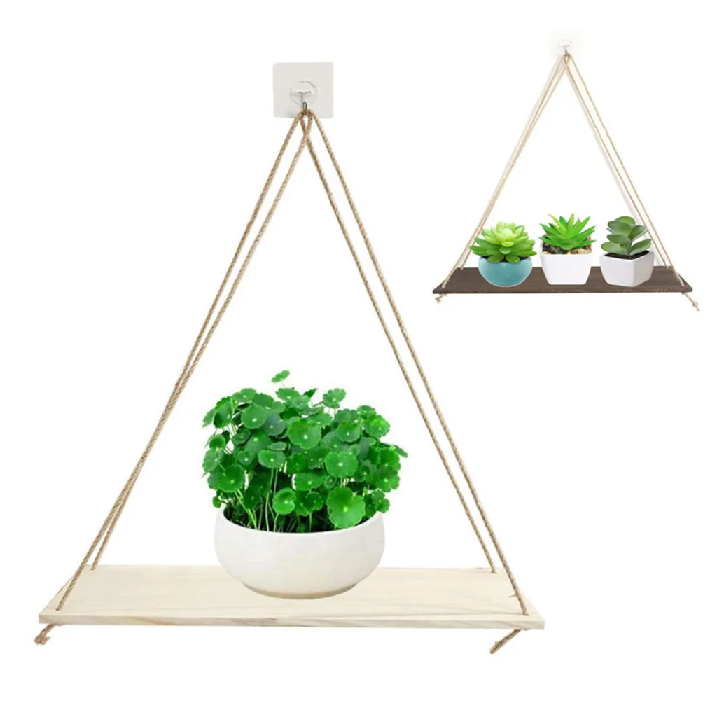 

Premium Wood Swing Hanging Rope Wall Mounted Shelves Plant Flower Pot Rack Indoor Outdoor Decoration Simple Design Shelves