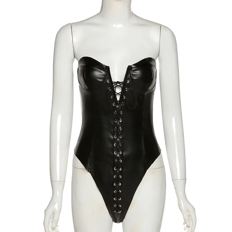 Cryptographic Lace Up Sexy Off Shoulder Club PU Leather Bodysuits Women Top Black Female Sleeveless Bandage Bodysuit Streetwear