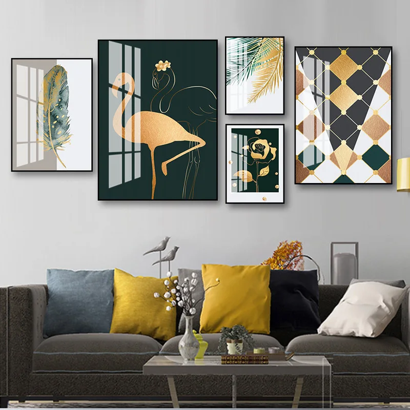 Абстрактная Картина на холсте с изображением листьев растений Золотой фламинго