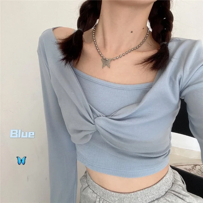 

Autumn New 2021 Korean Version Cross Design Sense of Minority Tight Knit Women's Short Navel Exposed Thin Top Fashion