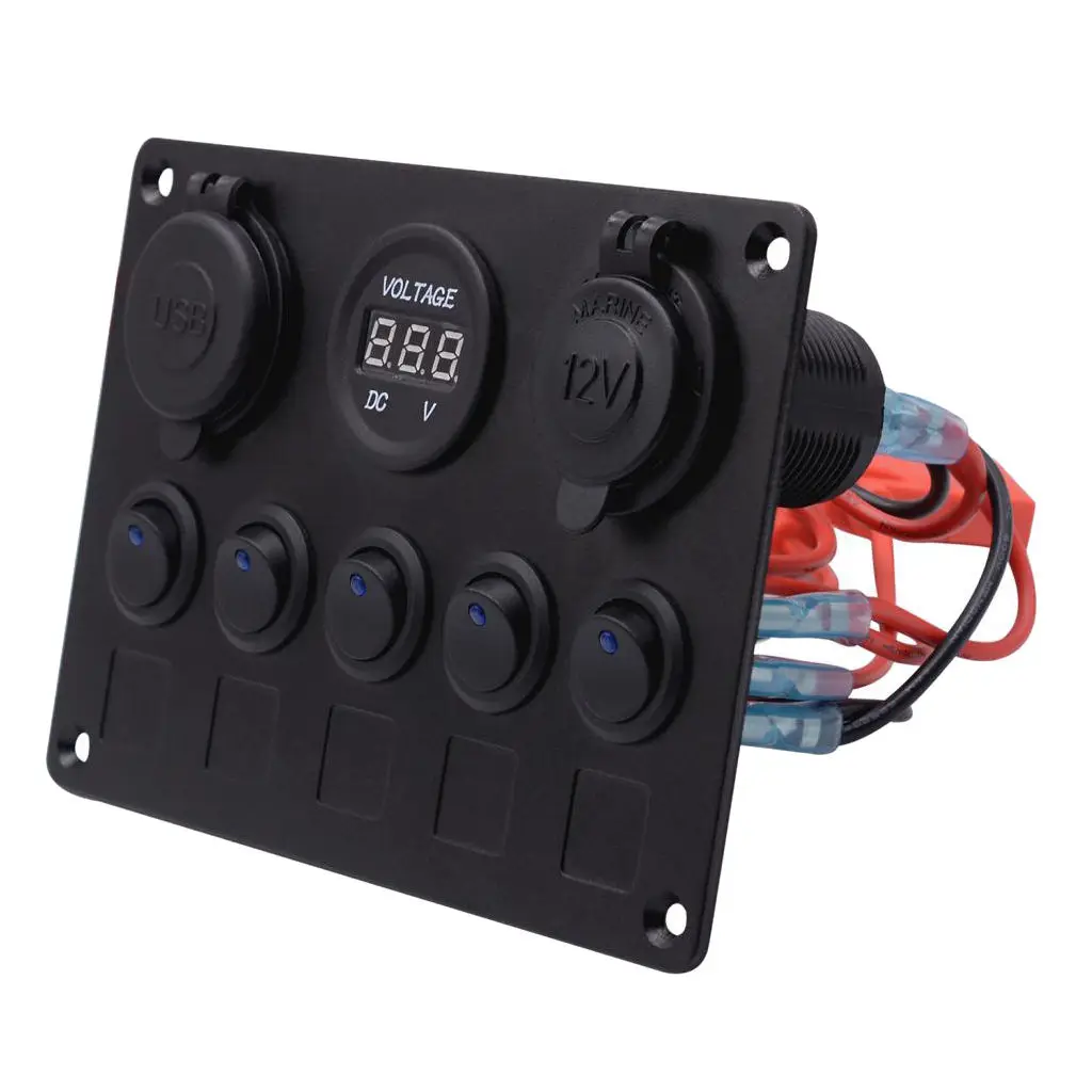 

Red LED 5 Gang Toggle Switch Panel Dual USB Socket Charger Voltmeter