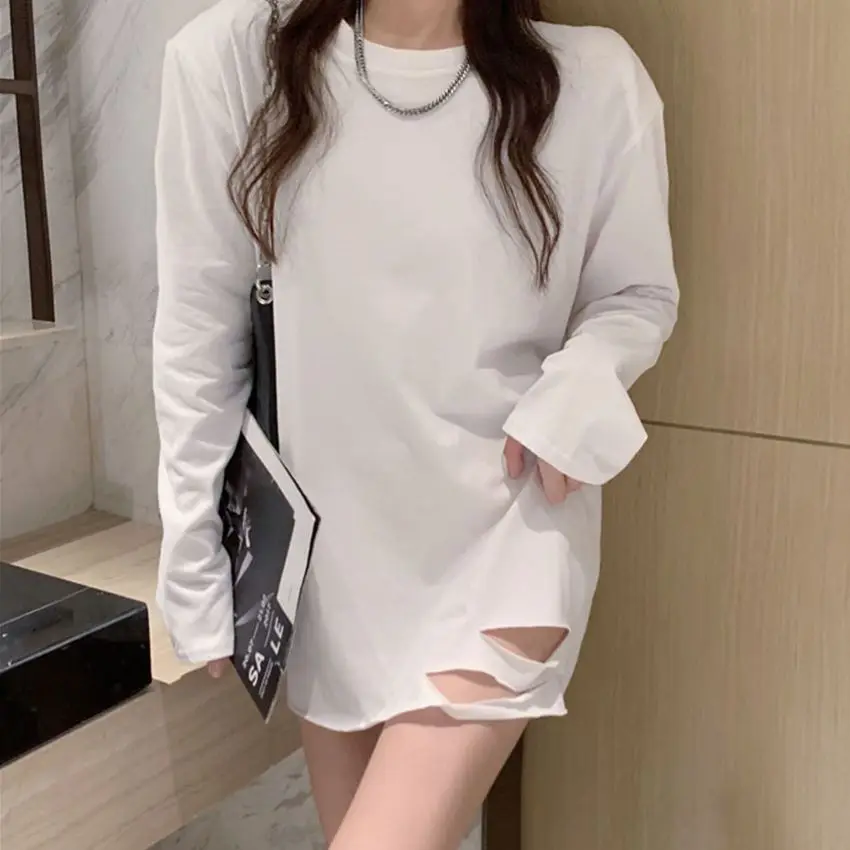 

HziriP White Bottom Hole Women Mid-Length T-Shirt Pure Color Fashion Loose-Fitting Autumn Cotton All Match Streetwear Hot Tops