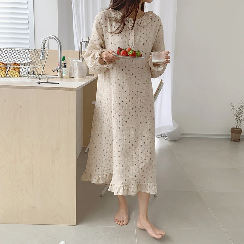 

Autumn Ruffle Nightgown Women Cherry Print Sleep Dress Loose Casual Cute Homewear Long Sleeve O-neck Nightdress Sexy Soft S1032