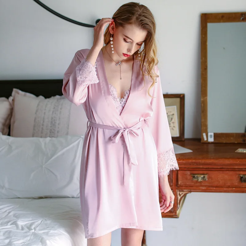 

Women Satin Sleepwear Robe Sexy Silk Robe Gown Set Sleep Lounge Indoor Clothing Ladies Nightwear Nightdress With Chest Pads