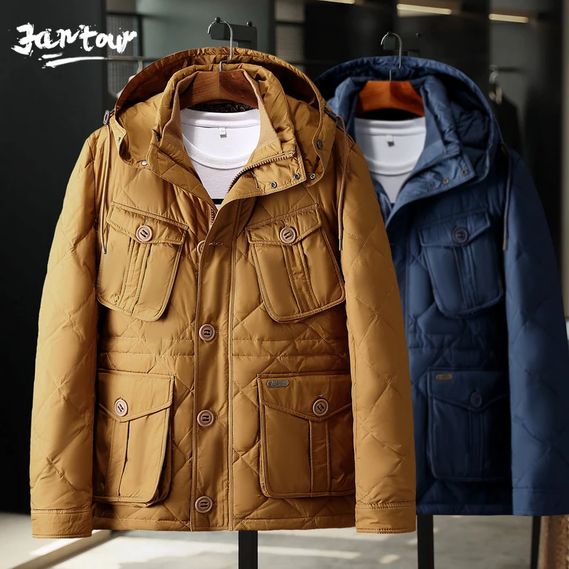 Мужская теплая куртка на утином пуху парка зеленого и черного цветов верхняя