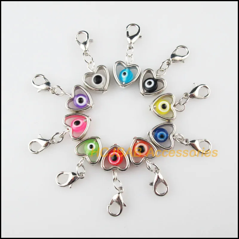 

20 New Heart Charms Eye Resin Mixed Beads Dull Silver Plated With Lobster Claw Clasps Pendants Retro 12x15mm