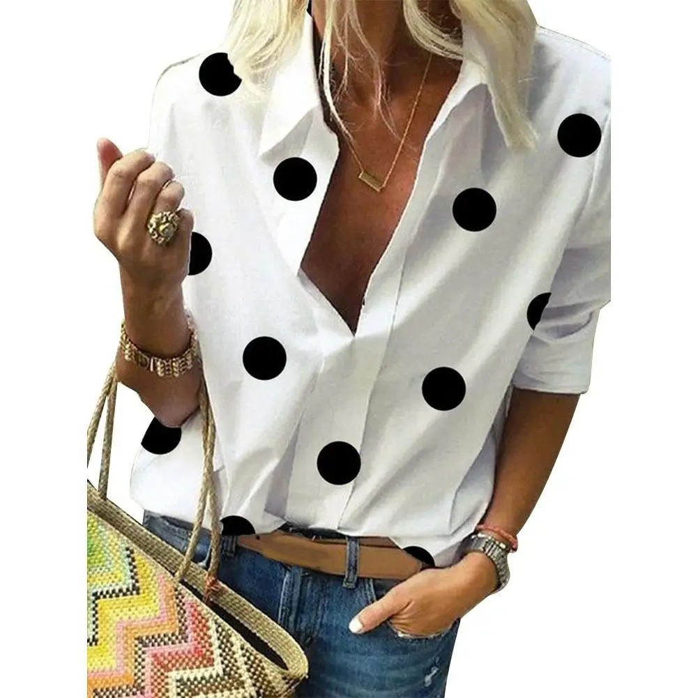 

2020 Fashion Office Lady Turn Down Collar Long Sleeve Polka Dots Print Shirt Casual Blouse