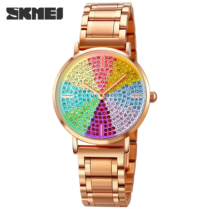

SKMEI NEW Fashion Design Quartz Watch Women Colorful Crystal Dial Ladies Dress Wristwatch Waterproof Watch Relogio Feminino