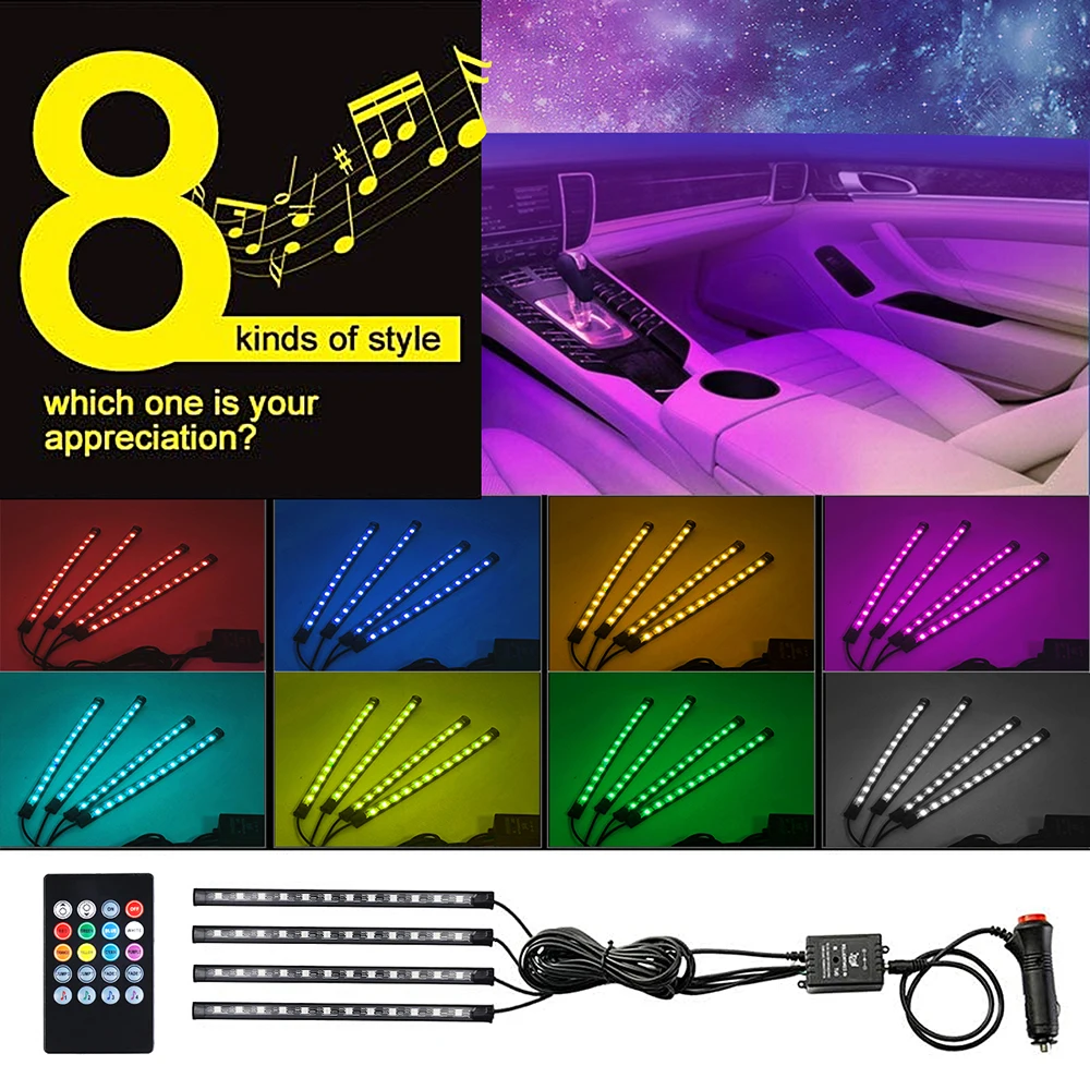 

4 Pcs car Interior led light Multicolor Atmosphere Lamp RGB LED Strip Lights Decorative Colors car lighting With Remote control