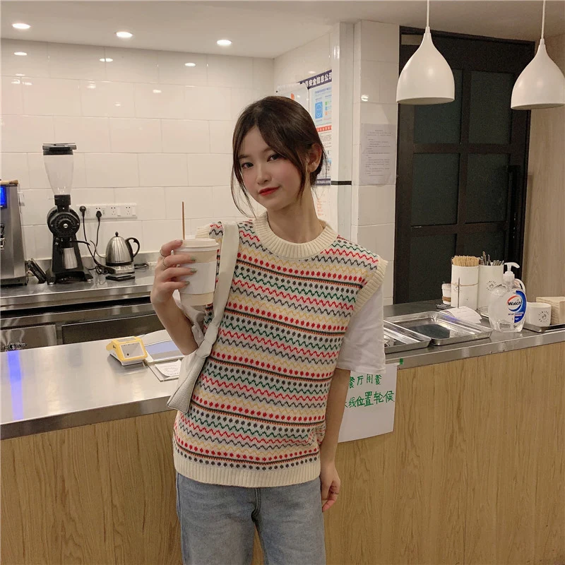 

Spring Autumn Aesthetics Floral Knitted Sweater Vest Sweet Sleeveless O Neck Tank Top Pullovers Knit Vintage Knitwear Pull Femme