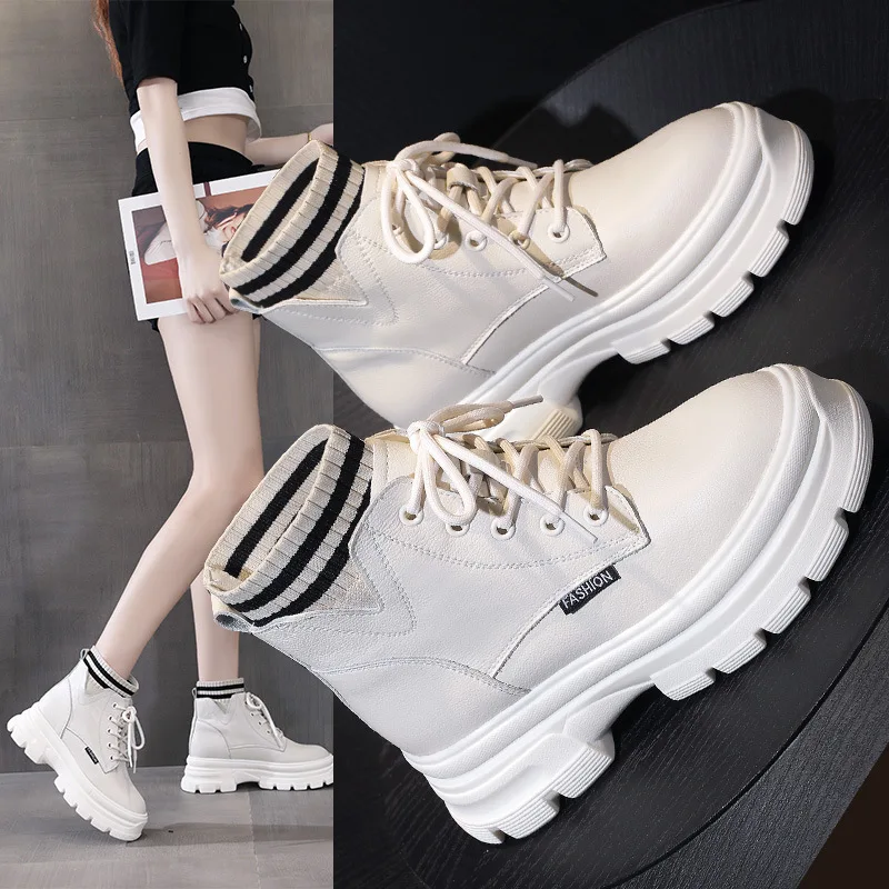 

British Style Genuine Leather Ankle Boots Women Fashion Wedges Winter Lace-Up Platform Motorcycle Booties Botas Lady Short Boots