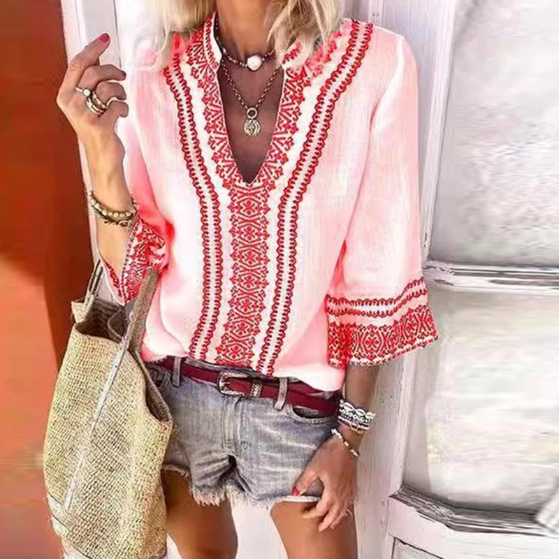 

Casual Women Three Quarter Sleeve Print Blouse Summer Loose V Neck Bohemian Hollow Out Tops Elegant Lady Outdoor Pullover Shirt
