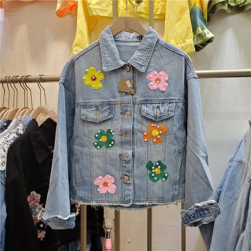 

Pearl Beaded Sequin Flower Light Blue Denim Coat Women Autumn Vintage Frayed Burrs Casual Lapel Long Sleeve Jeans Jacket Female