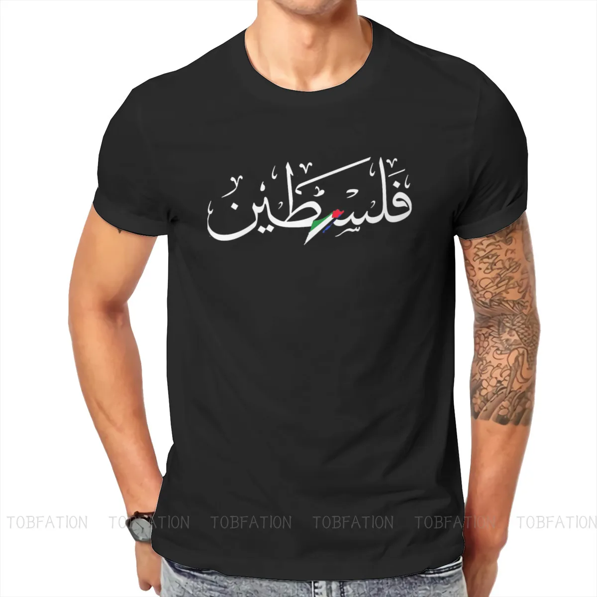 

Arabic Falastini Calligraphy Round Collar TShirt Free Palestine Fabric Classic T Shirt Man's Tops Individuality Oversized