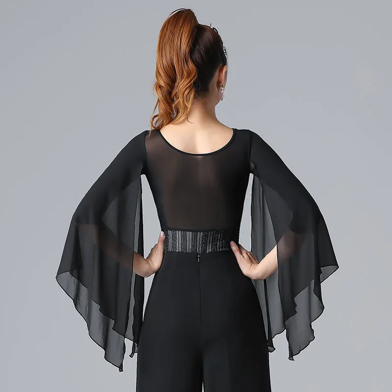 Женский топ для латинских танцев черные рубашки с длинным рукавом сексуальный