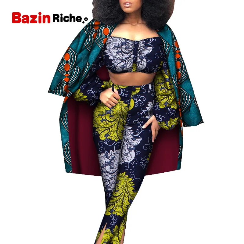 Pant Set Spring 3 pcs Suit African Dresses for Women Mini  Top and Long Pant and Long Sleeve Coat  Sexy Lady Dress WY6447