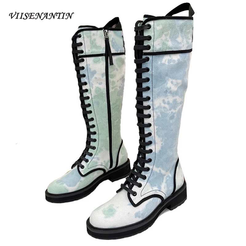 

Handsome Blue Canvas Graffiti Knight Boots 2021 New High Tube Round Toe Cross Strap Genuine Leather Personalized Martin Boots