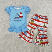 wholesale fashionable baby girls cat clothes blue shirt bell bottomed pants boutique infant outfit children toddler kid clothing