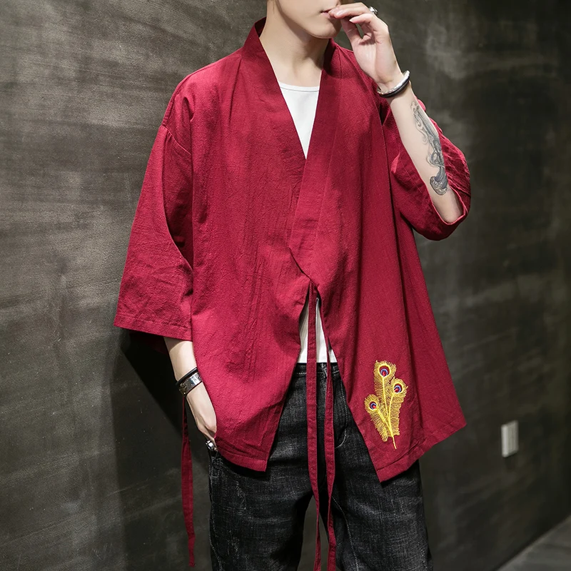 

Large Size Red Cotton Linen Chinese Kimono Mens Tunic Feather Embroidery Hanfu Vintage Oriental Costume Mens Flax Clothing Hemp