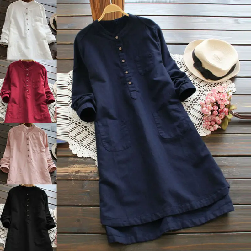 Плюс размер женское хлопковое свободное вечернее платье с длинными рукавами