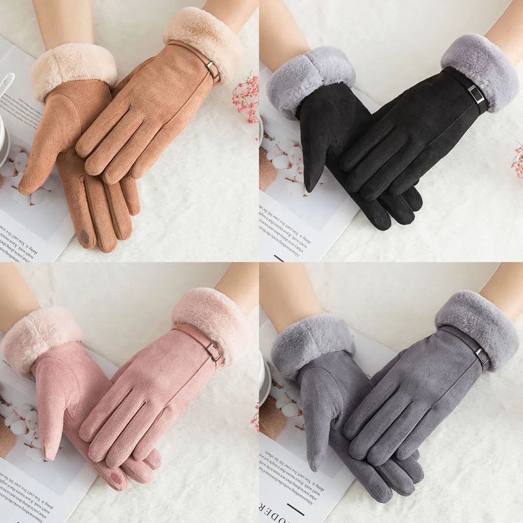 

2021 Fashion Winter Women Gloves Keep Warm Suede Mittens Touch Screen Windproof Full Finger Ladies Outdoor Sport Female Gloves