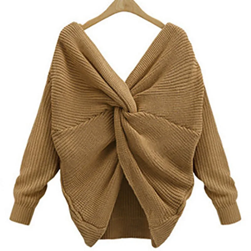 5 colors V-Neck Twisted Back Sweater Women Jumpers Autumn Pullovers Casual Sexy Tops Long Sleeve Knitted Sweaters Pull Femme | Женская