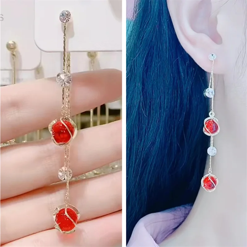 

Trendy 2021 Front Back Hanging Earrings Women Jewelry Temperament Tassel Long Ear line Female Crystal Red Earrings Accessories