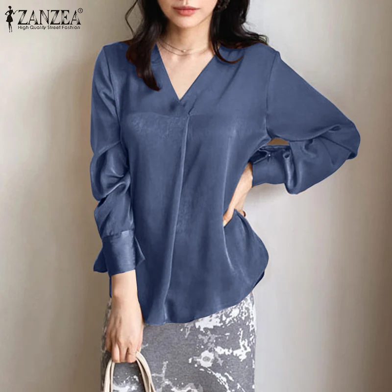 

Women Party Satin Blouse Oversized ZANZEA 2022 Spring Autumn Elegant Casual OL V-neck Tops Solid Long Sleeve Loose Blusa Femme