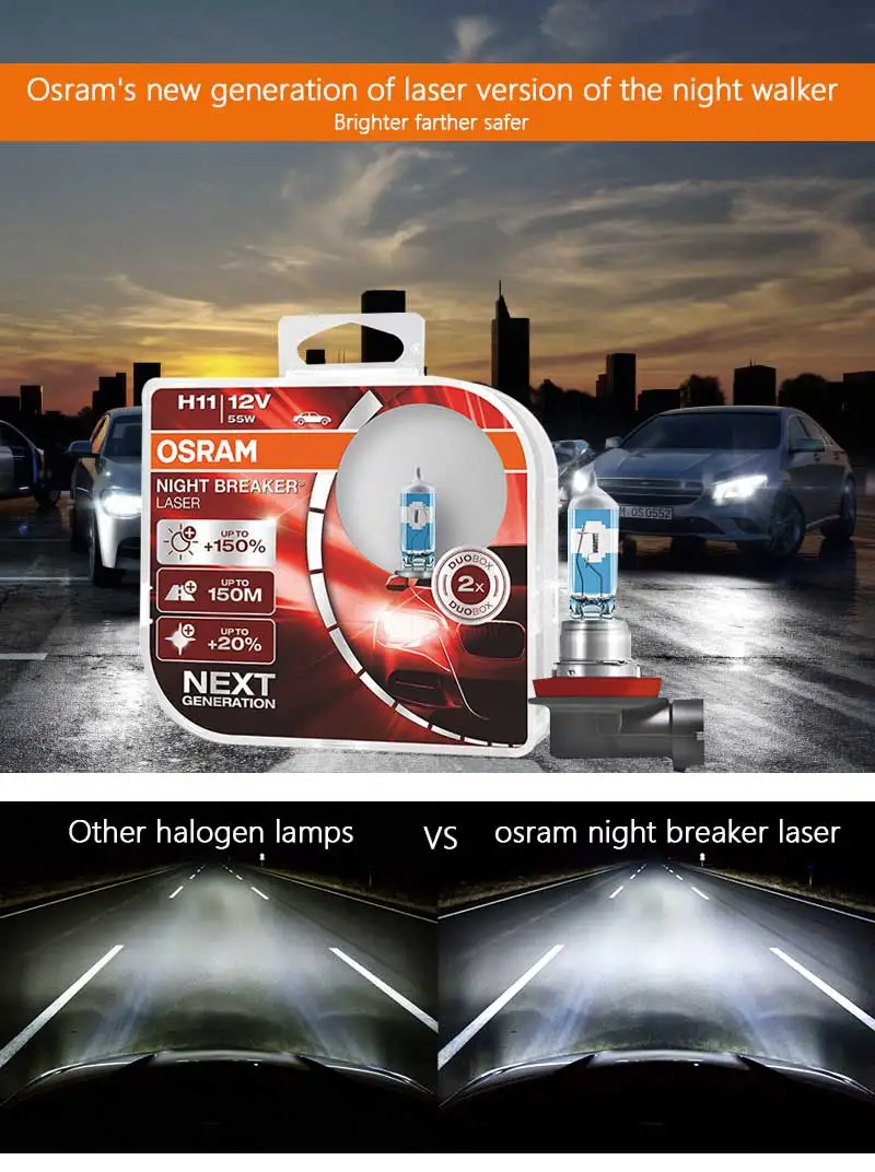 OSRAM Night Breaker Laser Next Generation H11 12 В 55 Вт PGJ19-2 Автомобильные фары Противотуманные фары+ 150 яркость 64211NL(Твин