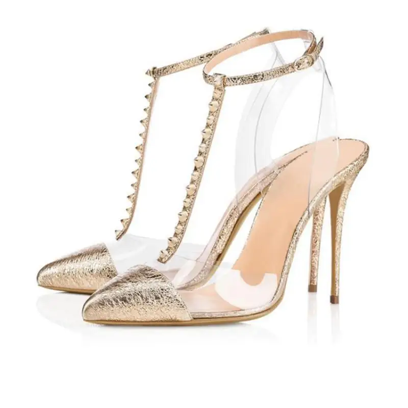 

T-strap High Heels Sandals Women Fashion Pointed Toe Thin Heel Buckle Strap Single Shoes Transparent Pvc Lady Gold Dance Pumps