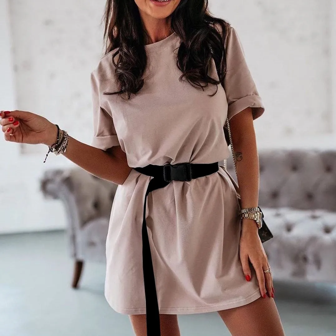 

Casual Loose Summer Women Short Dress With Belt Oversize O-Neck Harajuku T-Shirt Dress WL286