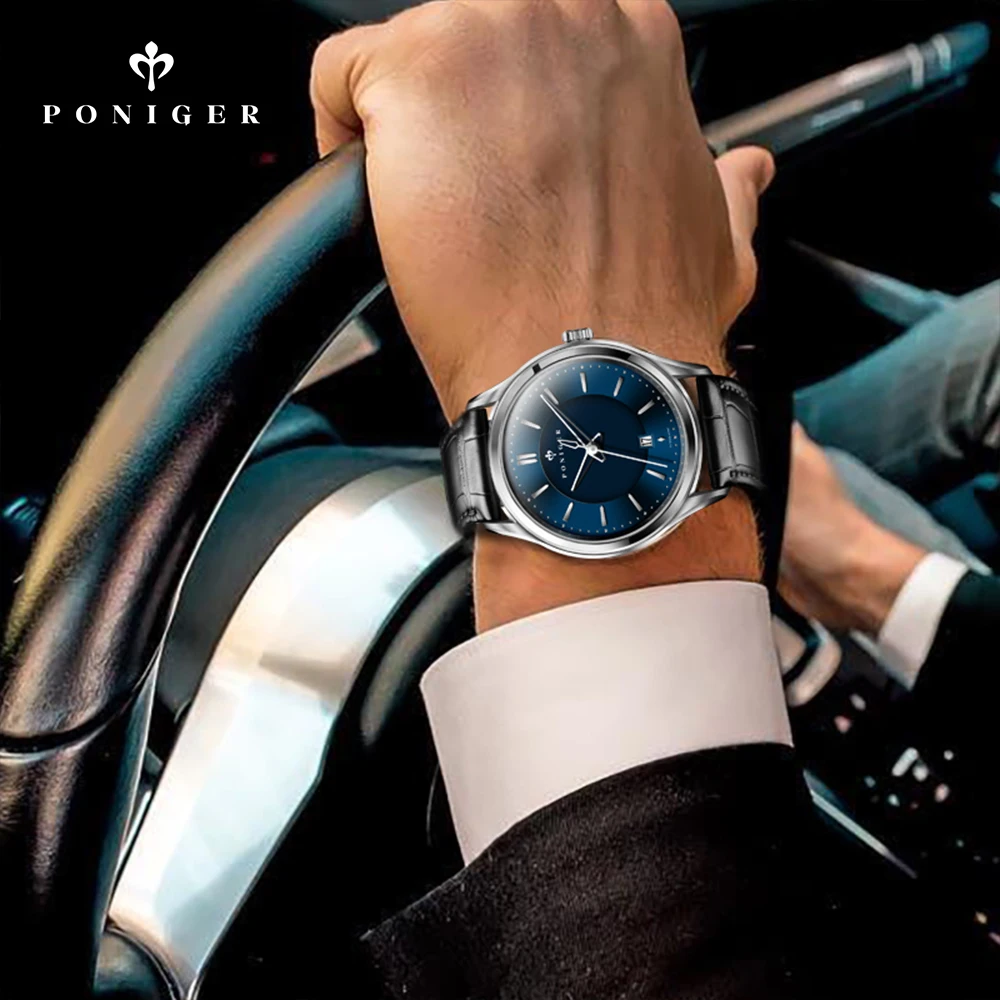 Poniger Fashion Men's Watches Automatic Movement Male Wristwatch Leather Sapphire Date Design Waterproof Genuine Clock | Наручные