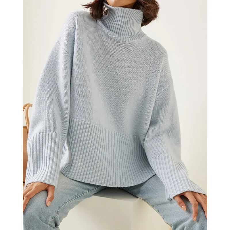 

Женский свитер с высоким воротником, однотонный свободный кашемировый джемпер с длинным рукавом и разрезом на подоле, 2 цвета, Осень-зима 2021