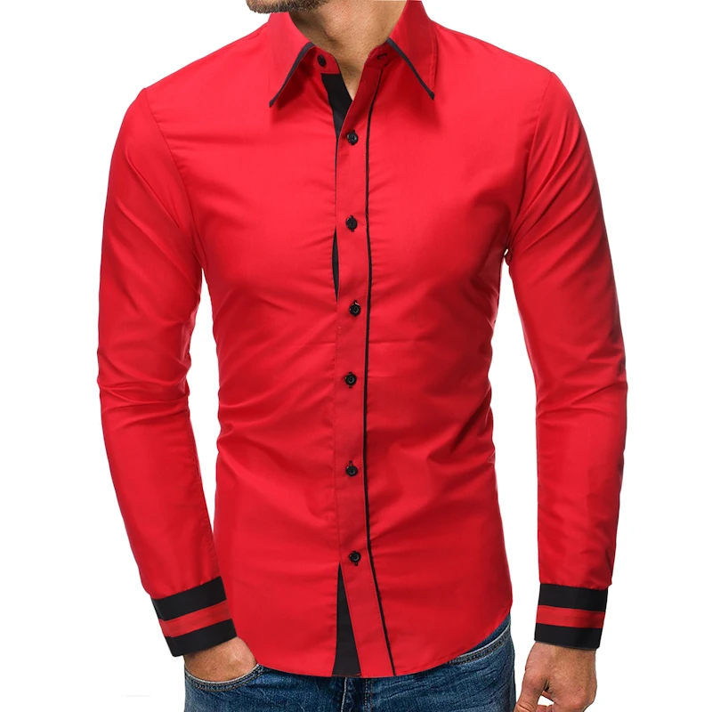 7034 red Мужские повседневные рубашки, осень, новые модные однотонные мужские рубашки с длинным рукавом из хлопка, приталенные повседневные деловые рубашки на пуговицах, топы - Цвет: 7034 red