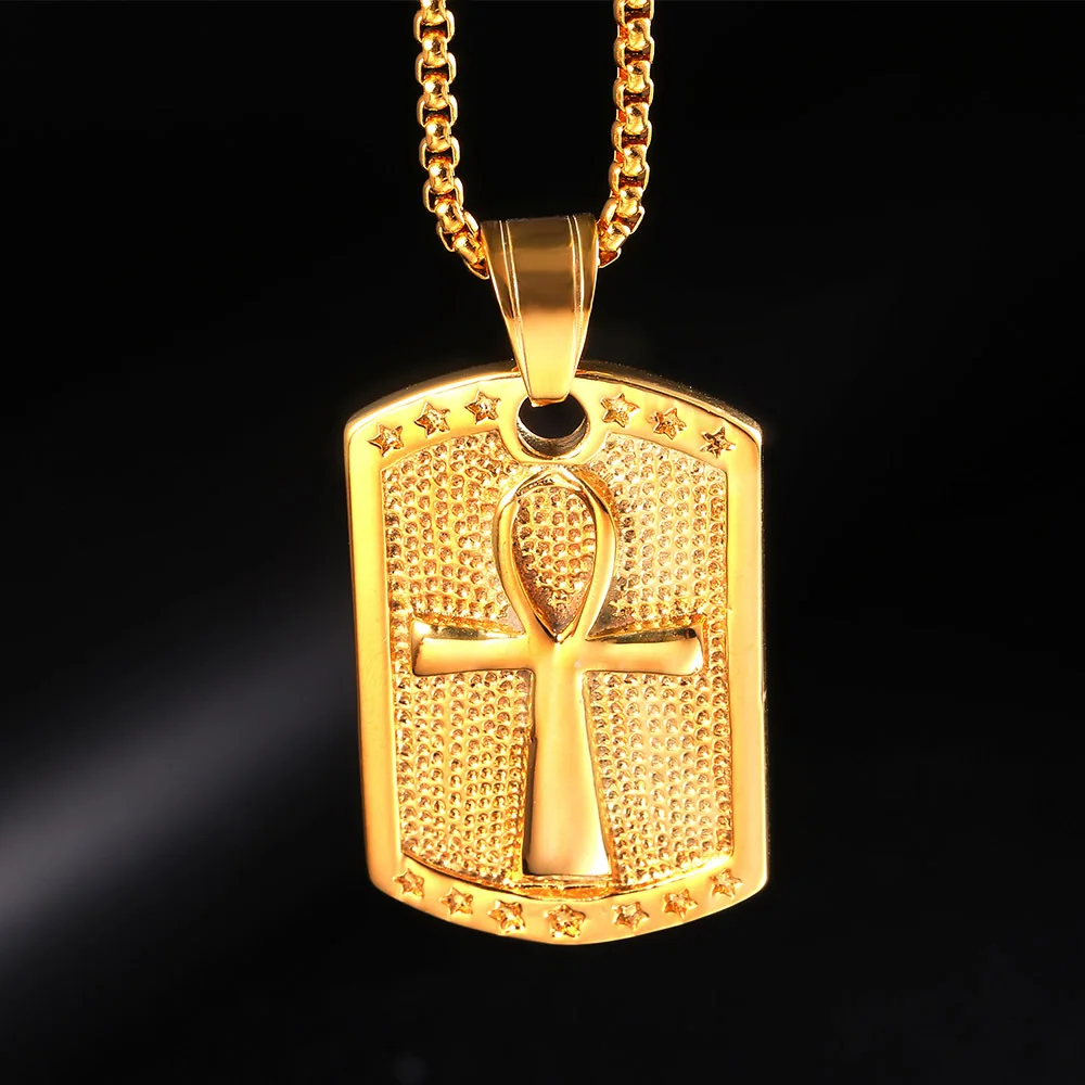 

Retro Punk Jewelry 24Inch Ancient Egypt Anka Cross Necklaces Dog Tag Pendant Necklace Stainless Steel Chain for Men Him