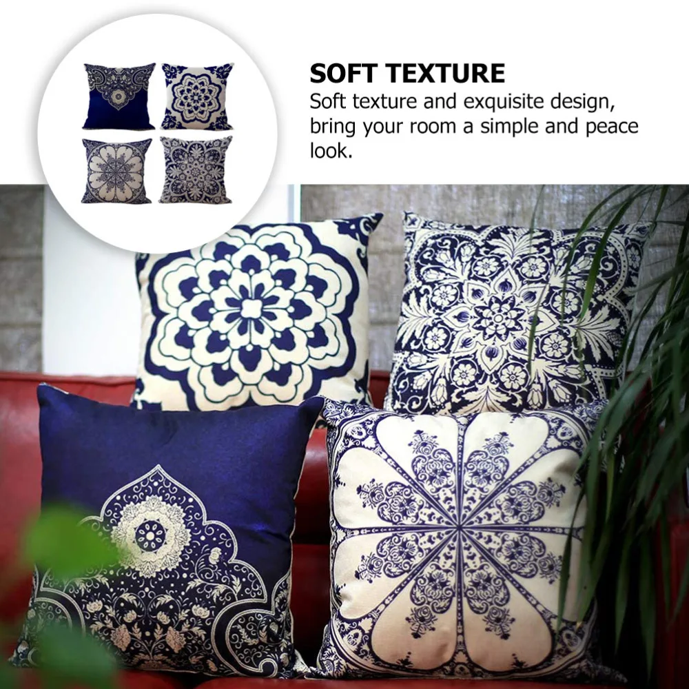 

4Pcs Chinese Style Flower Pattern Sofa Cushion Linen Throw Pillowcase Home Decor