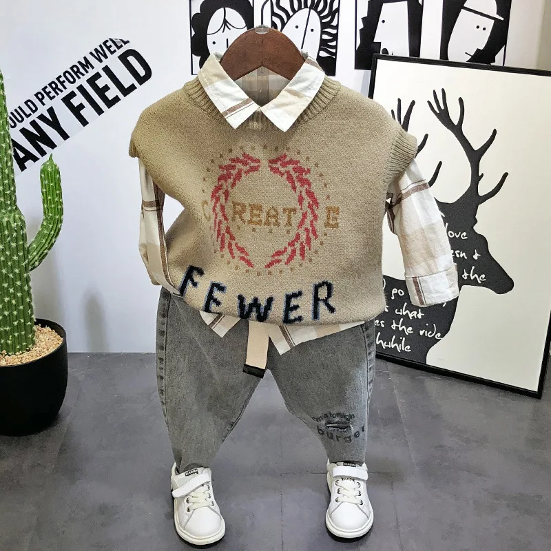 Детская одежда на Рождество повседневный вязаный жилет для мальчиков + рубашка