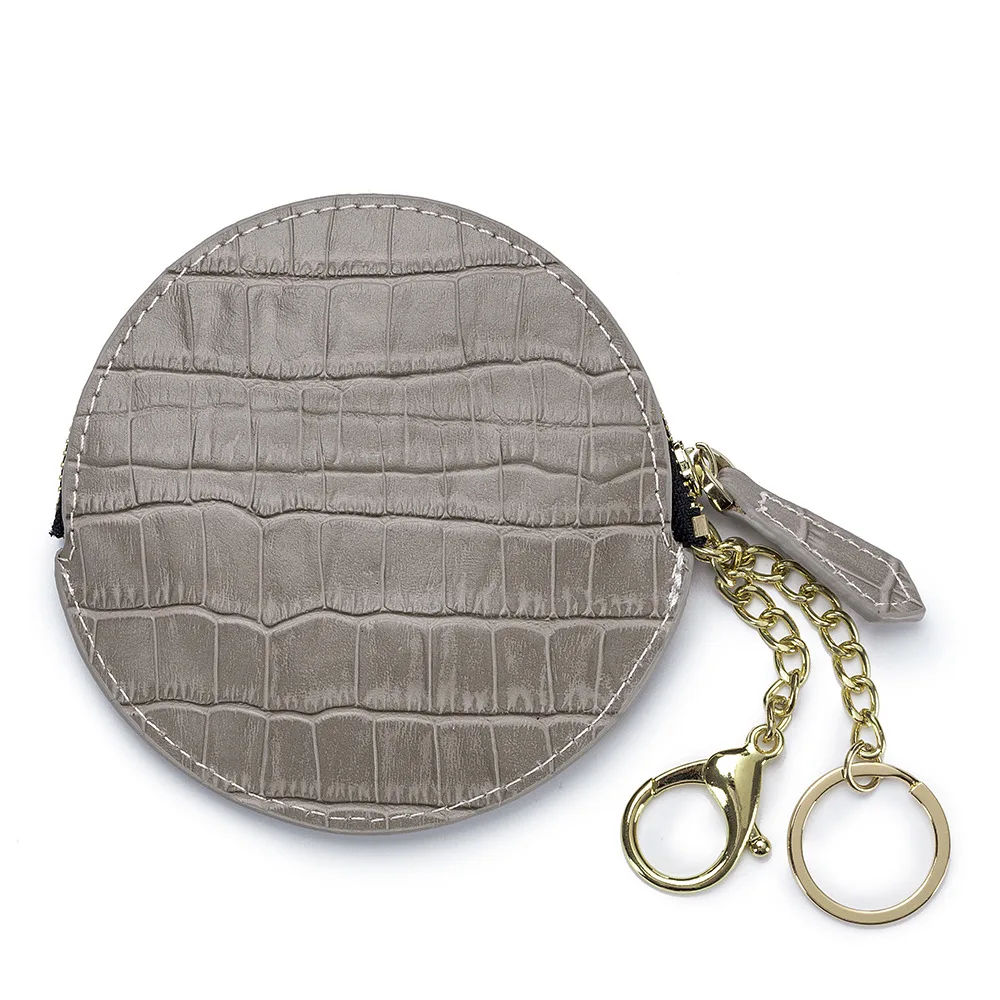 

New Fashion Crocodile Pattern Genuine Cow Leather Mini Round Purse Lady Key Ring Chain Buckle Style Small Item Bag