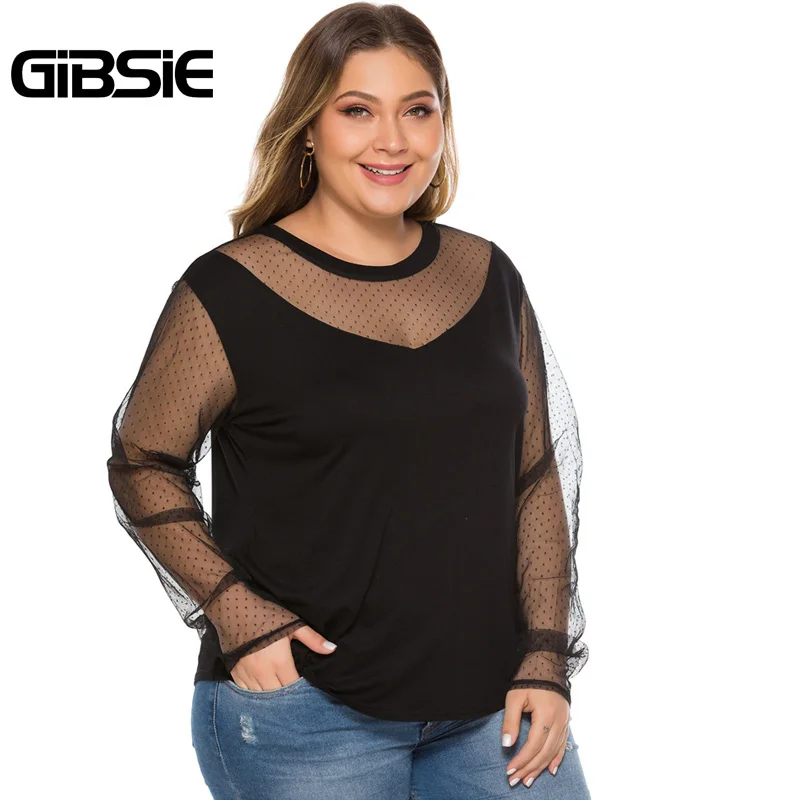 GIBSIE Элегантный Плюс Размер o образным вырезом сетчатый топ женский черный