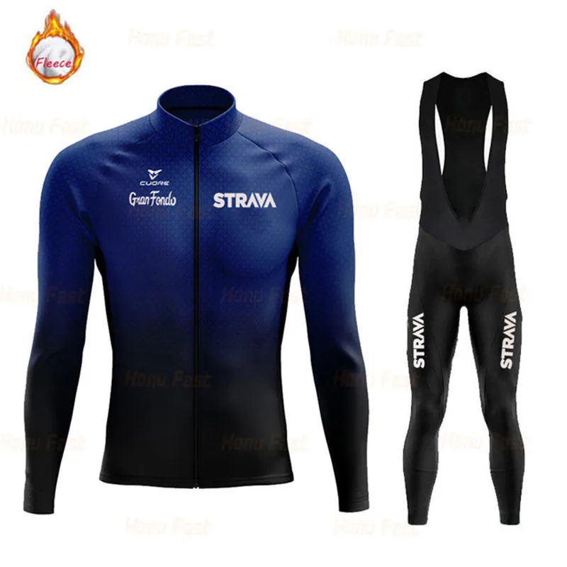 

STRAVA Winter Cycling Jersey Sets Thermal Fleece Road Bike Cycling Clothing Men's Cycling Jersey Long Sleeve Set Cycling Maillot