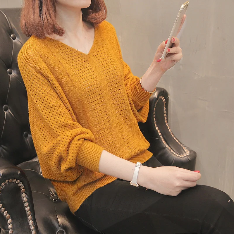 

Women Solid V Neck Sweater Long Puff Sleeve Jumper Loose Pullover Casual Knitted Tops