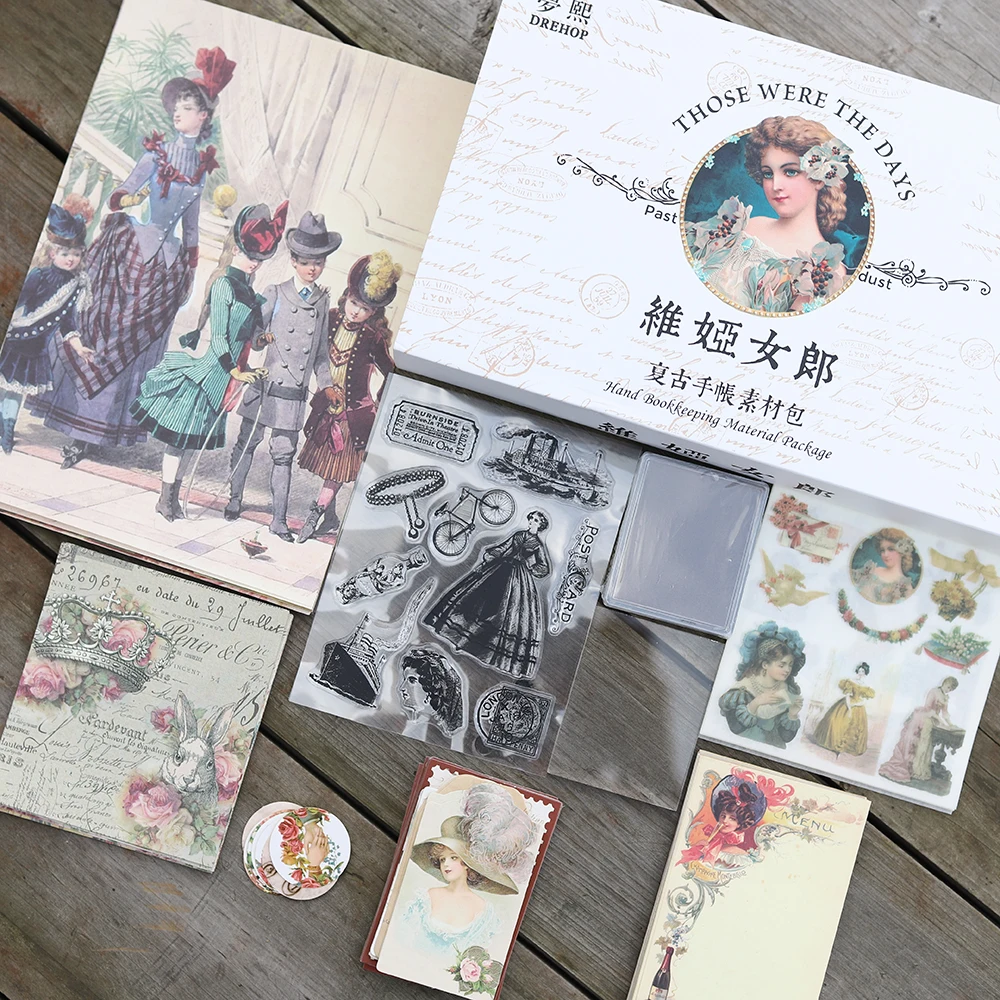 

180Pcs/Box Vintage Junk Journal Material Paper Sticker Retro Character Planner Diary Bullet Scrapbooking Decor Acrylic Stamp Set