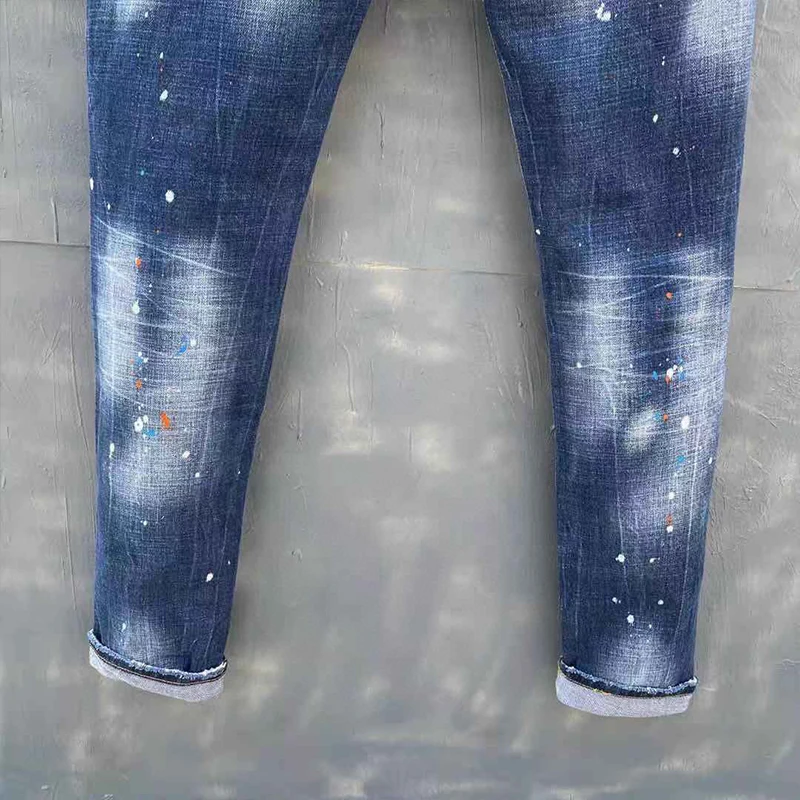 

Italian fashion DSQ stard2 four seasons denim men's perforated paint jeans slim blue elastic straight leg pants high quality